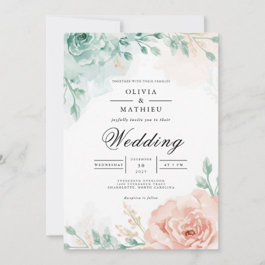 Invitation Teal & Blush Floral Arch Wedding (Devant)