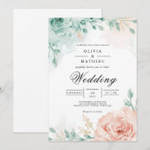 Invitation Teal & Blush Floral Arch Wedding (Devant / Derrière)