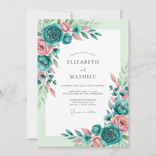 Invitation Teal Blush Romantic Spring Wedding (Devant)