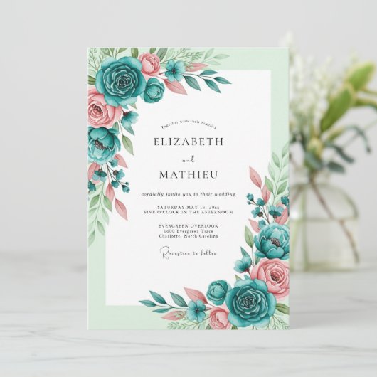 Invitation Teal Blush Romantic Spring Wedding (Debout devant)