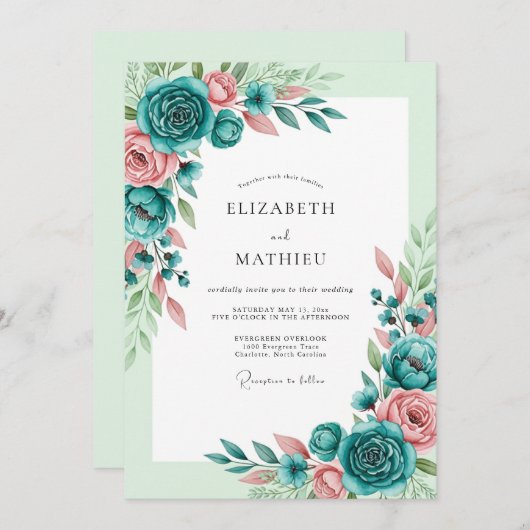 Invitation Teal Blush Romantic Spring Wedding (Devant / Derrière)