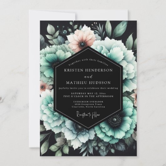 Invitation Teal & Blush Shadowy Bloom Wedding (Devant)