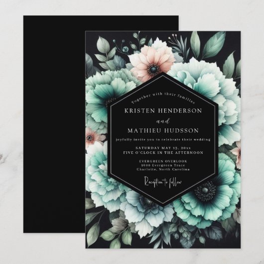 Invitation Teal & Blush Shadowy Bloom Wedding (Devant / Derrière)