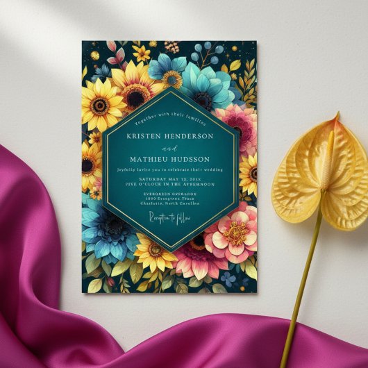 Invitation Teal Botanical Bloom Wedding