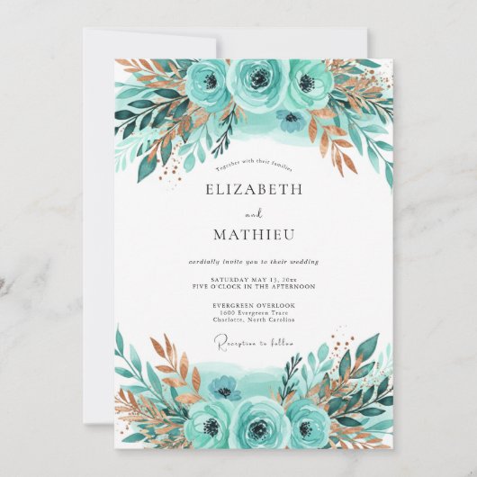 Invitation Teal Bronze Lustrous Winter Wedding (Devant)