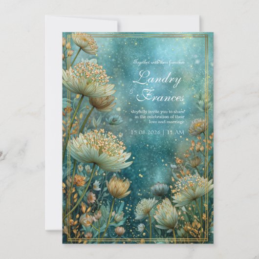 Invitation Teal Celestial Gilded Astrantia Wedding (Devant)