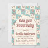 Invitation Teal Checkerboard Seashell Bow Baby Shower (Devant)