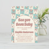 Invitation Teal Checkerboard Seashell Bow Baby Shower (Debout devant)