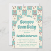 Invitation Teal Checkerboard Seashell Bow Baby Shower (Devant)