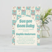 Invitation Teal Checkerboard Seashell Bow Baby Shower (Debout devant)