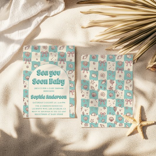 Invitation Teal Checkerboard Seashell Bow Baby Shower