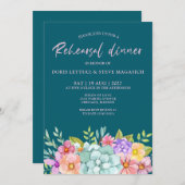 Invitation Teal Colorful Floral Rehearsal Dinner (Devant / Derrière)