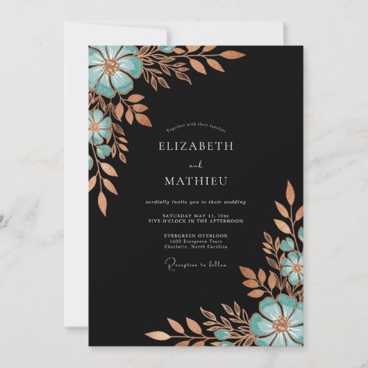 Invitation Teal Copper Bloom Romance Wedding (Devant)