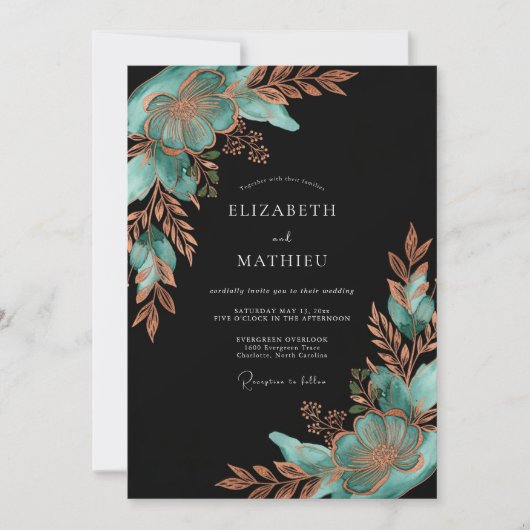 Invitation Teal Copper Botanical Bloom Wedding (Devant)