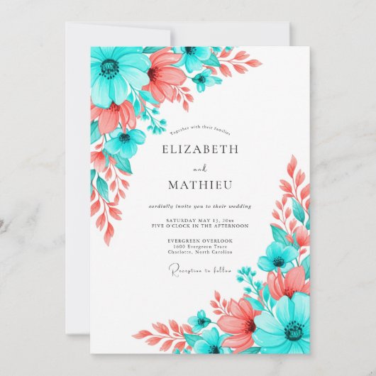 Invitation Teal Coral Artistic Bloom Wedding (Devant)