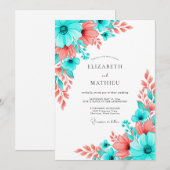 Invitation Teal Coral Artistic Bloom Wedding (Devant / Derrière)