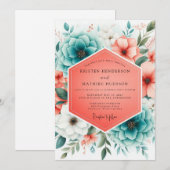 Invitation Teal Coral Bloom Romance Wedding (Devant / Derrière)