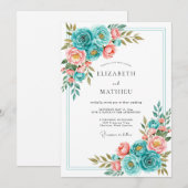 Invitation Teal Coral Bloom Romance Wedding (Devant / Derrière)