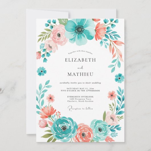 Invitation Teal Coral Botanical Bloom Wedding (Devant)