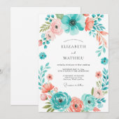 Invitation Teal Coral Botanical Bloom Wedding (Devant / Derrière)