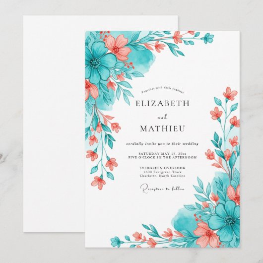 Invitation Teal Coral Botanical Romance Wedding (Devant / Derrière)