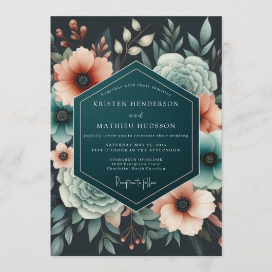 Invitation Teal Coral Eventide Wedding (Devant)