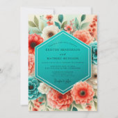 Invitation Teal Coral Floral Whimsy Wedding (Devant)