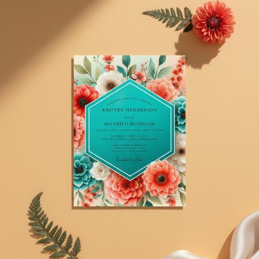 Invitation Teal Coral Floral Whimsy Wedding