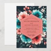 Invitation Teal Coral Painterly Bloom Wedding (Devant / Derrière)