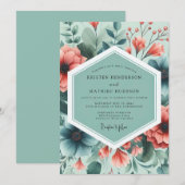 Invitation Teal Coral Painterly Flora Wedding (Devant / Derrière)