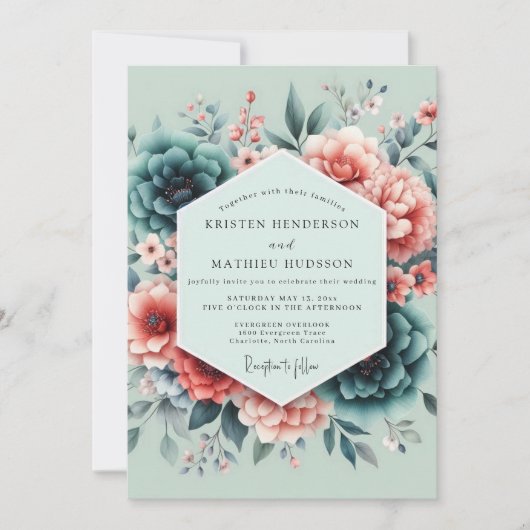Invitation Teal Coral Painterly Wedding (Devant)