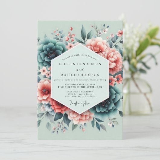 Invitation Teal Coral Painterly Wedding (Debout devant)