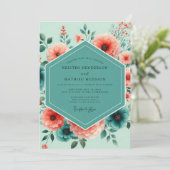 Invitation Teal Coral Vibrant Bloom Wedding (Debout devant)