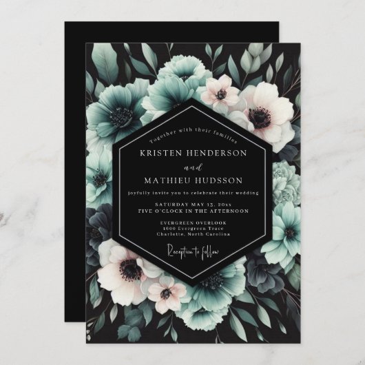 Invitation Teal Dramatic Anemone Wedding (Devant / Derrière)
