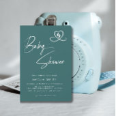 Invitation Teal Elegant Script Baby Shower Heart Footprints