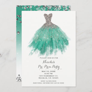 Invitation Teal et d'argent de parties scintillantes de robe
