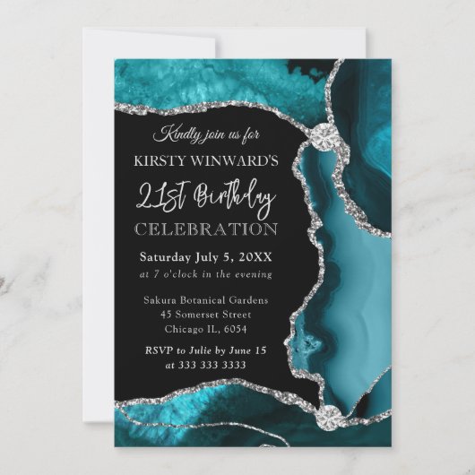 Invitation Teal et Faux Glitter Agate Anniversaire (Devant)