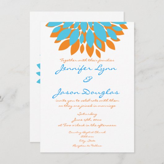 Invitation Teal et fleurs simples oranges épousant des (Devant / Derrière)
