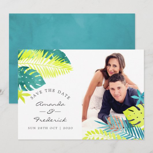 Invitation Teal et Lemon Mariage Tropicale Enregistrer la Dat (Devant / Derrière)