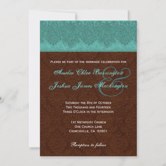 Invitation Teal et monogramme de damassé de chocolat épousant (Devant)