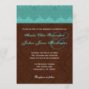 Invitation Teal et monogramme de damassé de chocolat épousant