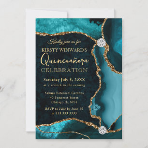 Invitation Teal et Or Faux Paillettes Agate Quinceanera