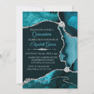 Invitation Teal et paillettes d'argent Agate Quinceanera