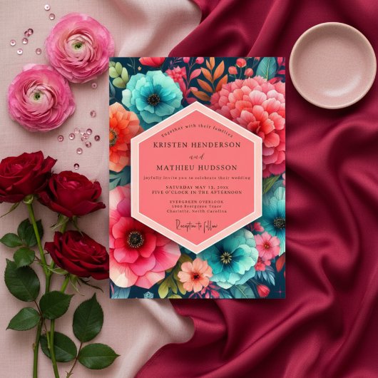 Invitation Teal Floral Bloom Romance Wedding