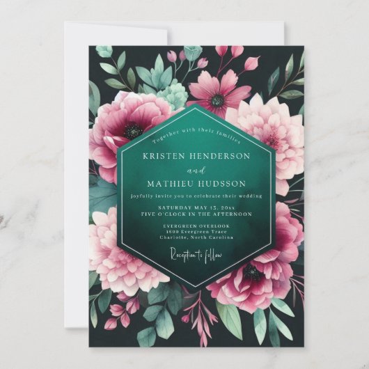 Invitation Teal Floral Nocturne Wedding (Devant)