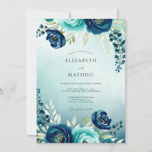 Invitation Teal Flourishing Watercolor Wedding (Devant)