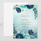 Invitation Teal Flourishing Watercolor Wedding (Devant / Derrière)