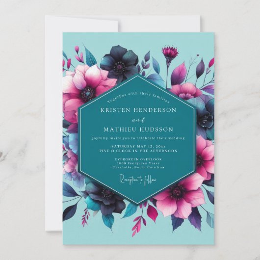 Invitation Teal Fuchsia Moody Bloom Wedding (Devant)
