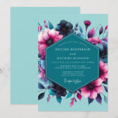 Invitation Teal Fuchsia Moody Bloom Wedding (Devant / Derrière)