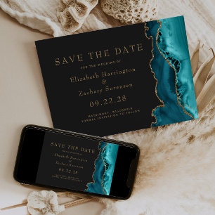 Invitation Teal Gold Agate Dark Save the Date